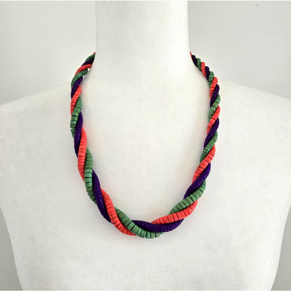 Vintage Beaded Necklace Triple Strand Twisted Purple Red Green Boho Festival 24"